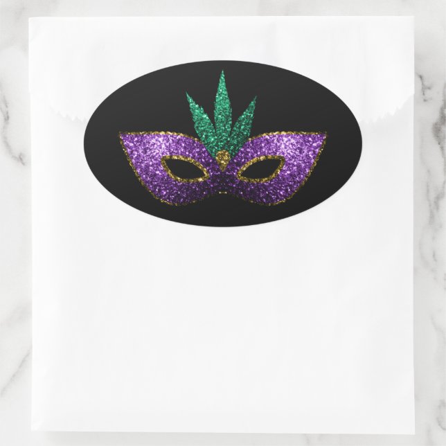 Mardi Gras Mask Purple Green Gold Sparkles black Oval Sticker (Bag)