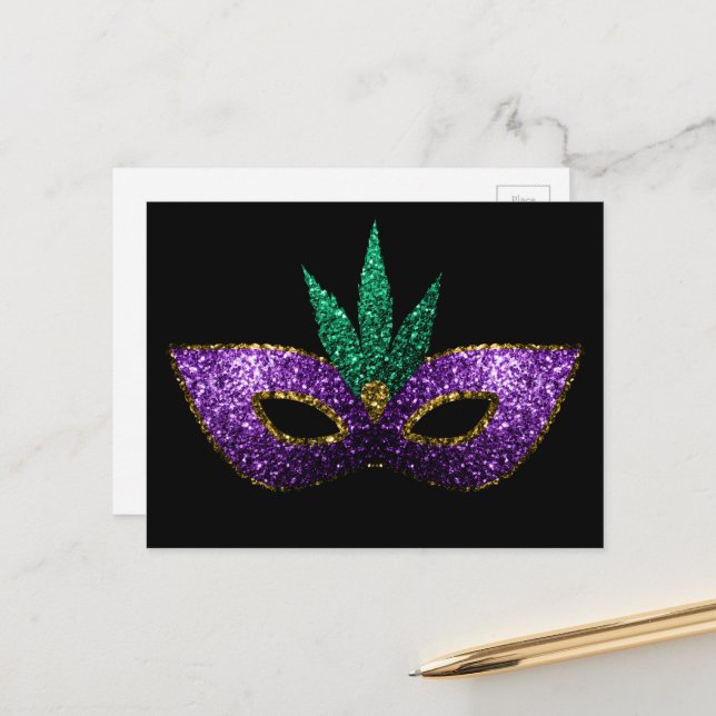 Mardi Gras Mask Purple Green Gold Sparkles black Postcard (Front/Back In Situ)
