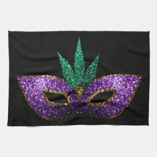 Mardi Gras Mask Purple Green Gold Sparkles black Tea Towel
