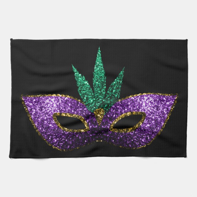 Mardi Gras Mask Purple Green Gold Sparkles black Tea Towel (Horizontal)