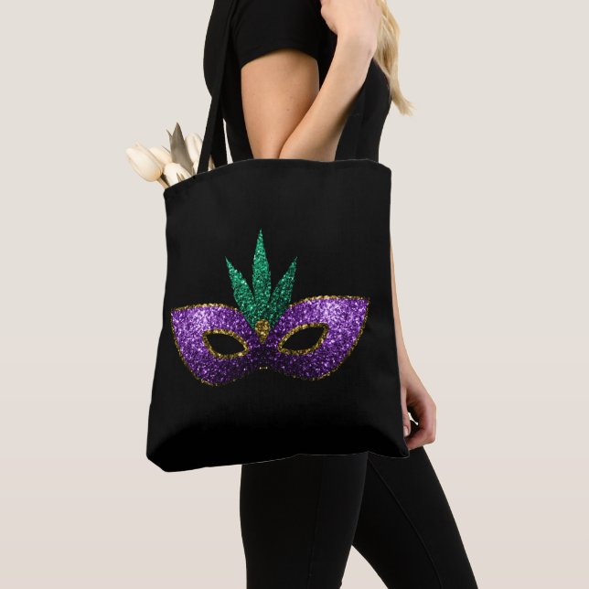 Mardi Gras Mask Purple Green Gold Sparkles | Black Tote Bag (Close Up)