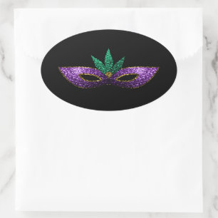 Mardi Gras Mask Purple Green Gold Sparkles Oval Sticker