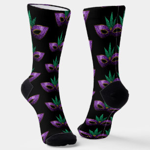 Mardi Gras Mask Purple Green Gold Sparkles pattern Socks