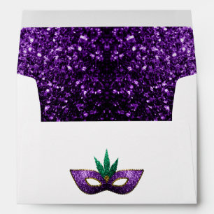 Mardi Gras Mask Purple Green Gold Sparkles white Envelope