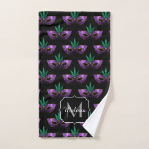 Mardi Gras Mask Purple Green Sparkles Monogram Bath Towel Set