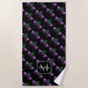 Mardi Gras Mask Purple Green Sparkles Monogram Beach Towel