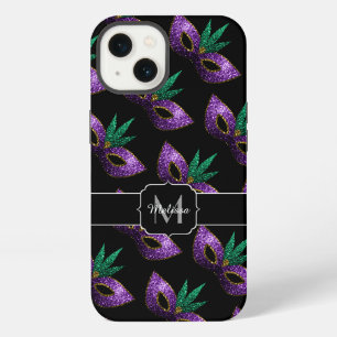 Mardi Gras Mask Purple Green Sparkles Monogram iPhone 13 Case