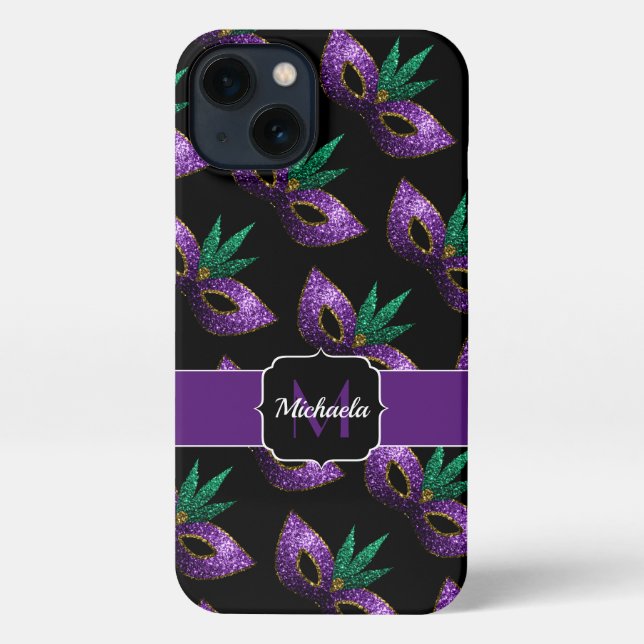 Mardi Gras Mask Purple Green Sparkles Monogram iPhone Case (Back)