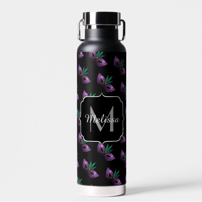 Mardi Gras Mask Purple Green  Sparkles Monogram Water Bottle (Front)