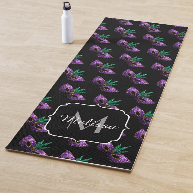 Mardi Gras Mask Purple Green Sparkles Monogram Yoga Mat (In Situ)