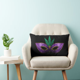 Mardi Gras Mask Purple Green Sparkles on black  Lumbar Cushion