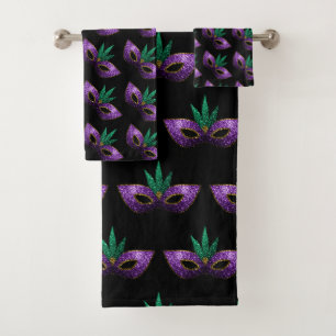 Mardi Gras Mask Purple Green Sparkles pattern Bath Towel Set