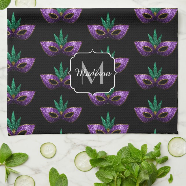 Mardi Gras Mask Purple Sparkles pattern Monogram Tea Towel (Folded)