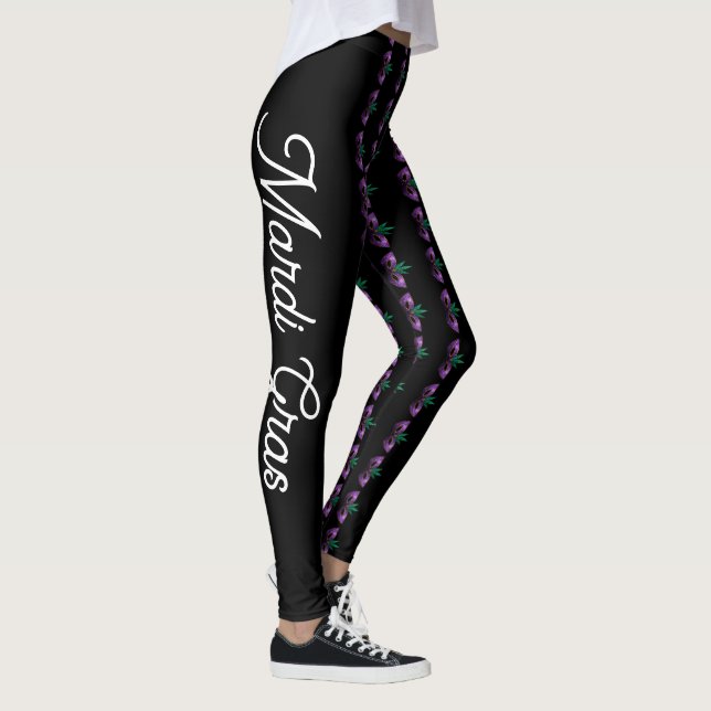 Mardi Gras Mask Sparkles Purple Green Custom text Leggings (Right)