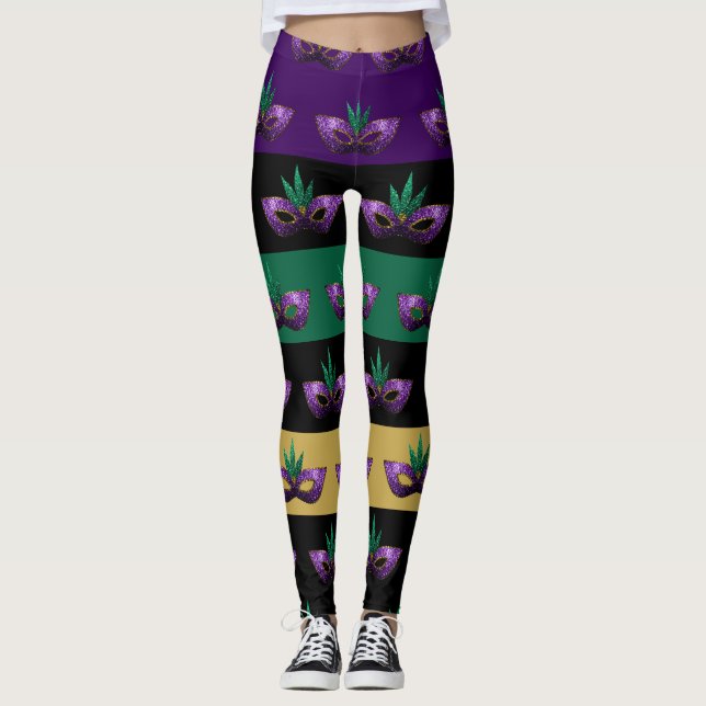 Mardi Gras Mask Sparkly Purple Green lines Leggings (Front)