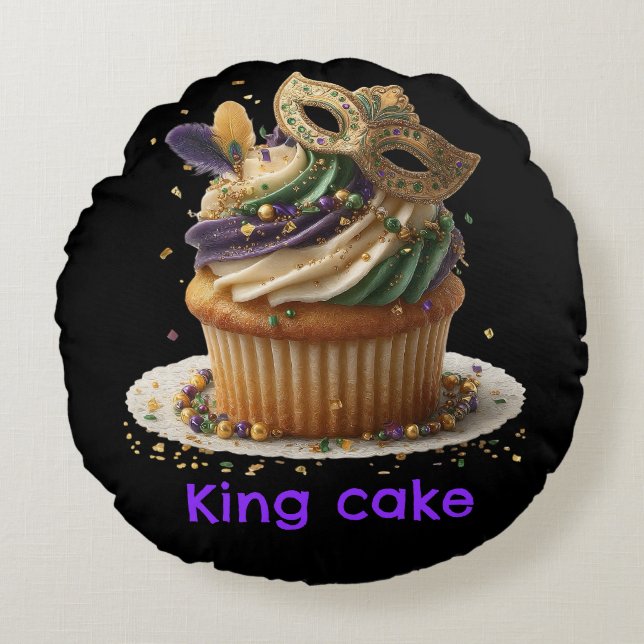 Mardi Gras Masked Cupcake Celebration Round Cushion (Front)