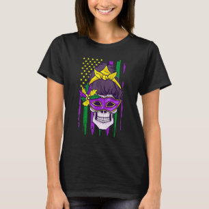 Mardi Gras Masked Messy Bun Mum Skull Colourful US T-Shirt