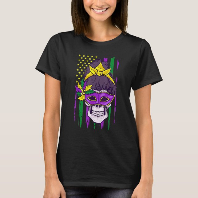 Mardi Gras Masked Messy Bun Mum Skull Colourful US T-Shirt (Front)