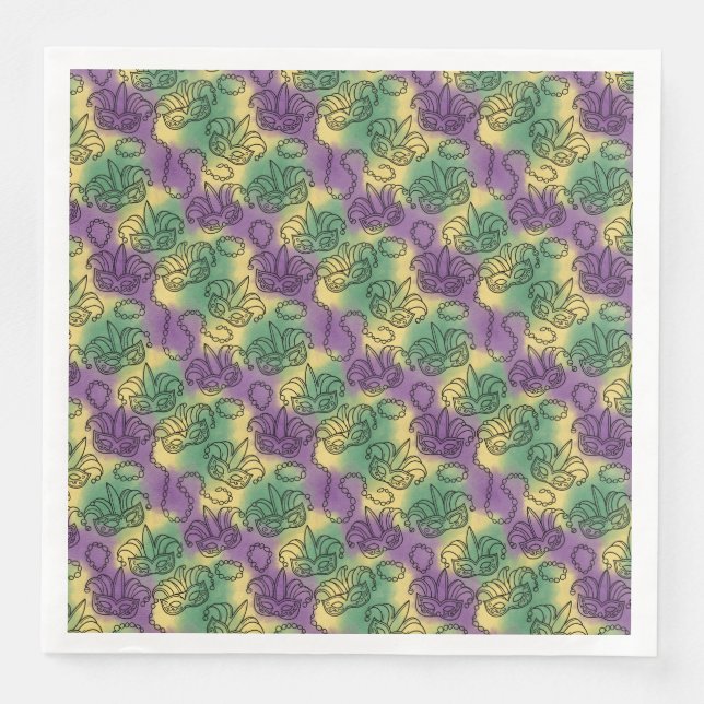 Mardi Gras Masks and Beads Doodle Art Style Napkin (Front)