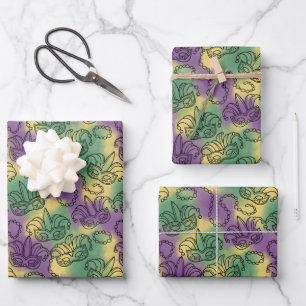 Mardi Gras Masks and Beads Doodle Art Style Wrapping Paper Sheet