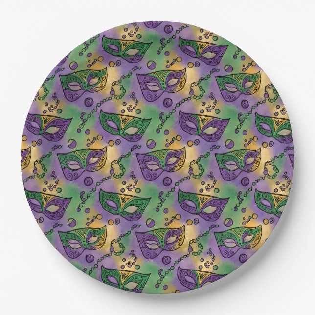Mardi Gras Masks and Beads Purple Green Yellow Paper Plate (Front)