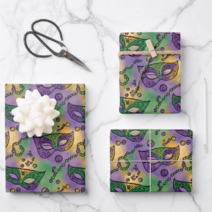 Mardi Gras Masks and Beads Purple Green Yellow Wrapping Paper Sheet