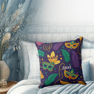 Mardi Gras Masks Feather Beads Gold Purple Green  Cushion