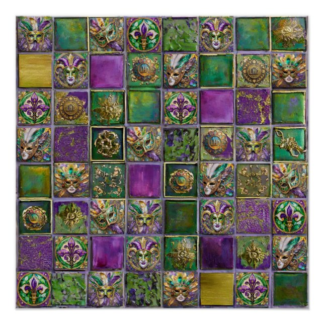 Mardi Gras Masks Feathers Fleur de lis Tile Print (Front)