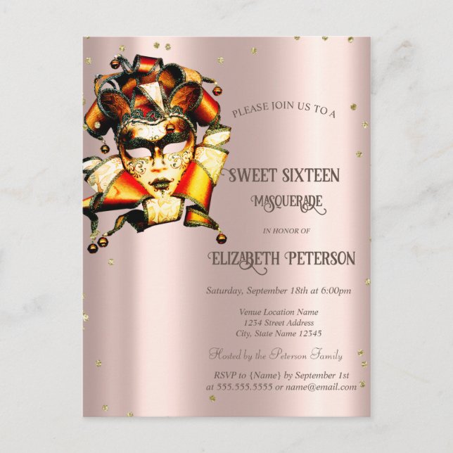 Mardi Gras Masque Diamonds Rose Gold Sweet 16  Invitation Postcard (Front)