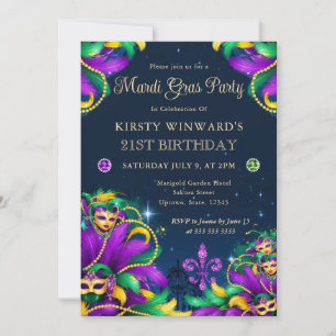 Mardi Gras Masquerade 21st Birthday Invitation