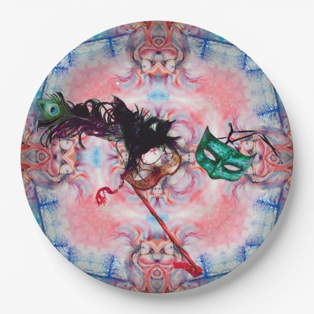 MARDI GRAS MASQUERADE BALL MASK Blue Pink Purple   Paper Plate (Front)