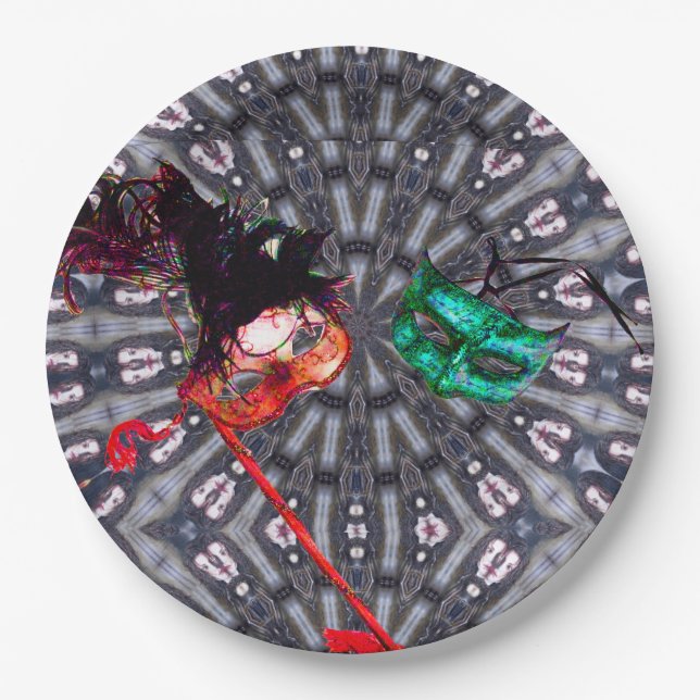 MARDI GRAS MASQUERADE BALL MASK blue pink purple Paper Plate (Front)