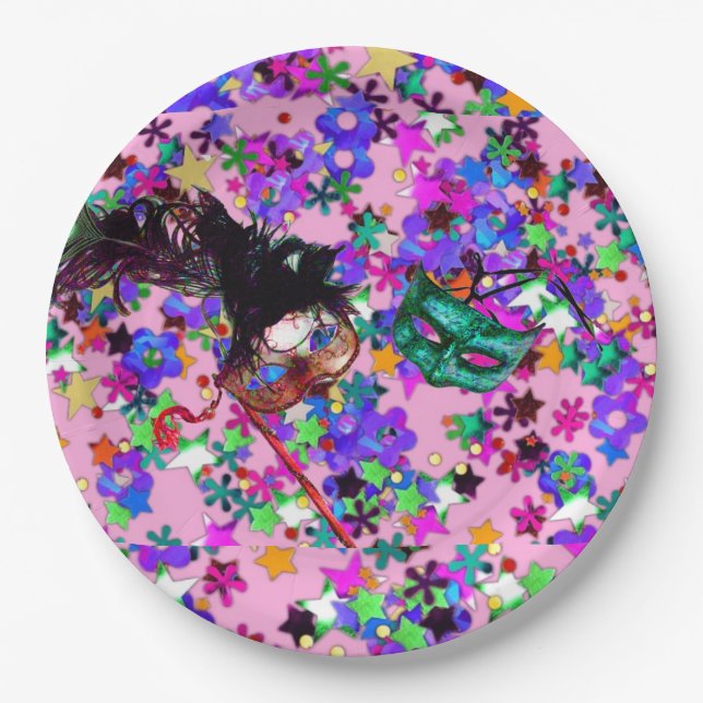 MARDI GRAS MASQUERADE BALL MASK  confetti Paper Plate (Front)