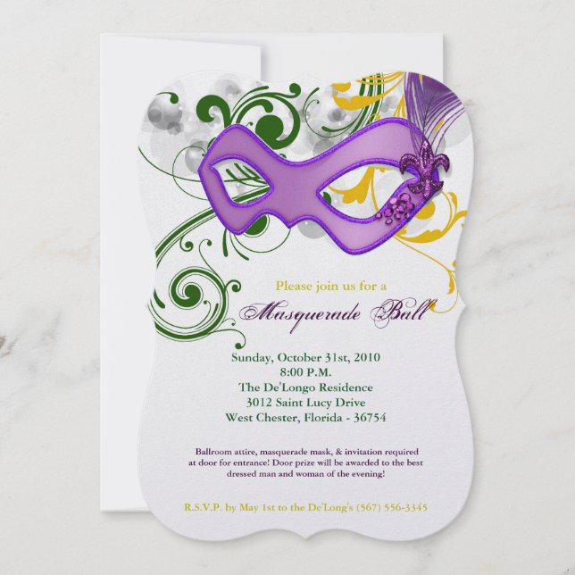 Mardi Gras Masquerade Ball Mask Costume Halloween Invitation (Front)