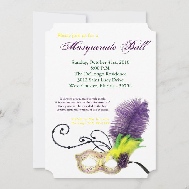 Mardi Gras Masquerade Ball Mask Costume Halloween Invitation (Front)