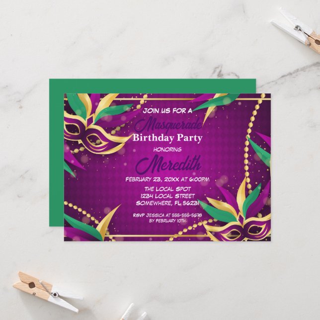 Mardi Gras Masquerade Birthday Party Invitation (Front/Back In Situ)