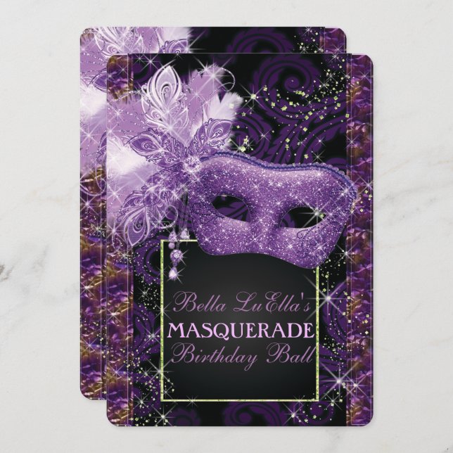 Mardi Gras Masquerade Birthday Party Invitation (Front/Back)