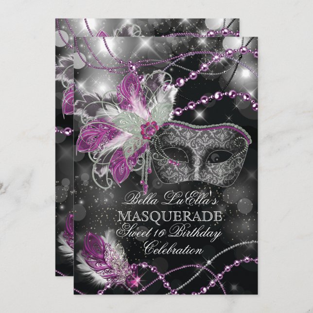 Mardi Gras Masquerade Birthday Party Invitation (Front/Back)