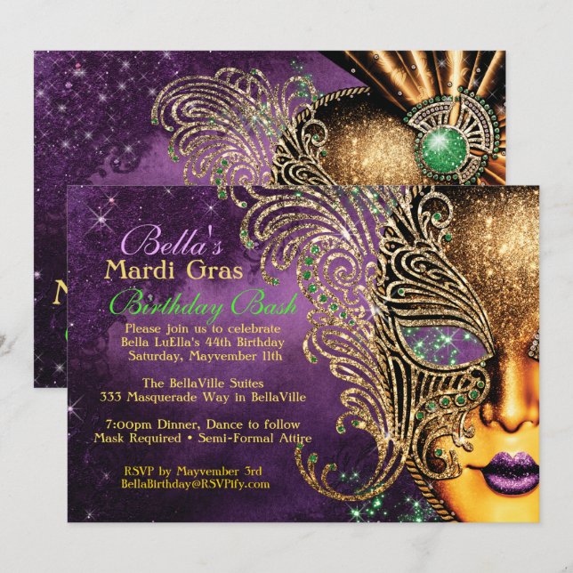 Mardi Gras Masquerade Birthday Party Invitations (Front/Back)