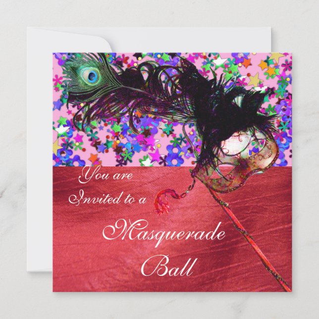 MARDI GRAS MASQUERADE & CONFETTI red silk Invitation (Front)