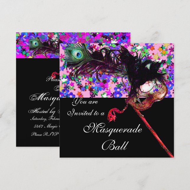 MARDI GRAS MASQUERADE & CONFETTI silver Invitation (Front/Back)