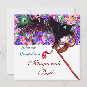 MARDI GRAS MASQUERADE & CONFETTI white purple pink Invitation