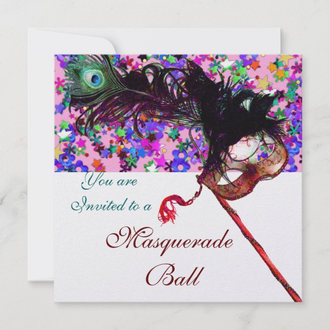 MARDI GRAS MASQUERADE MASK & CONFETTI white Invitation (Front)