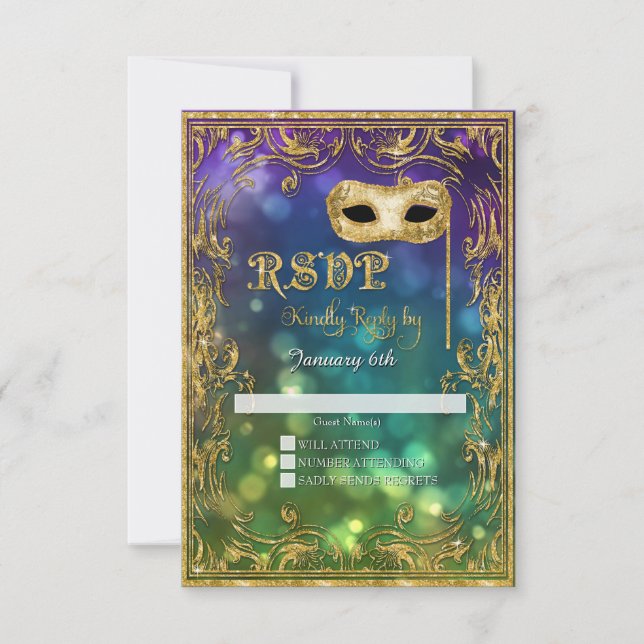 Mardi Gras Masquerade Mask Gold Glitter RSVP Card (Front)