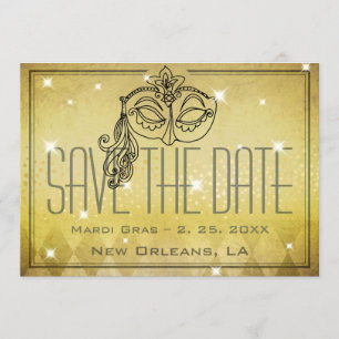 Mardi Gras Masquerade Mask Gold Save the Date Invitation