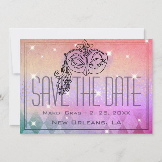 Mardi Gras Masquerade Mask Gold Save the Date Invitation (Front)