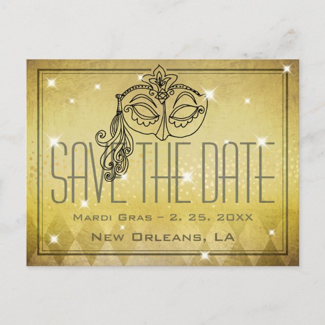 Mardi Gras Masquerade Mask Gold Save the Date Postcard (Front)