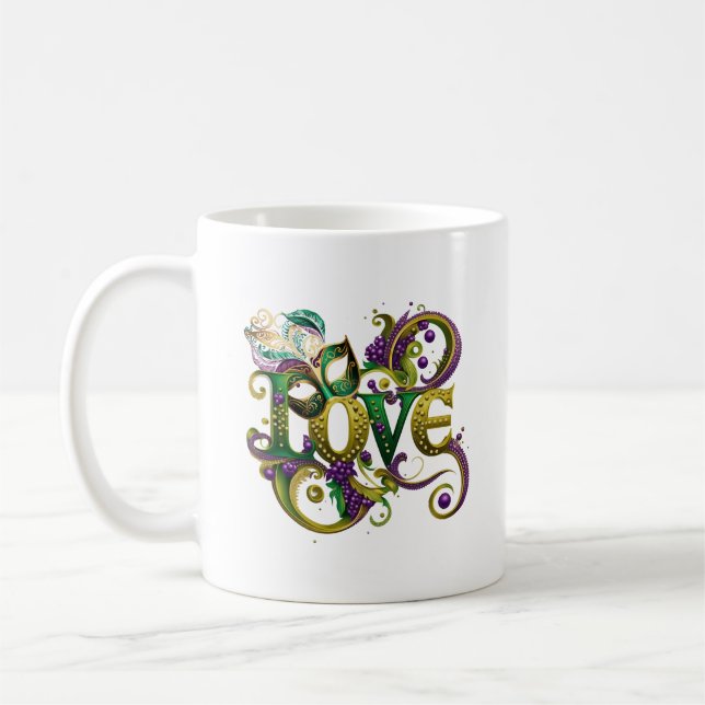Mardi Gras Masquerade Mask Word LOVE Celebration  Coffee Mug (Left)