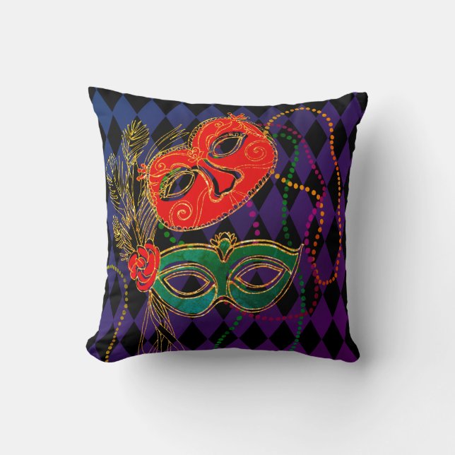 Mardi Gras Masquerade Masks Black Harlequin Cushion (Front)