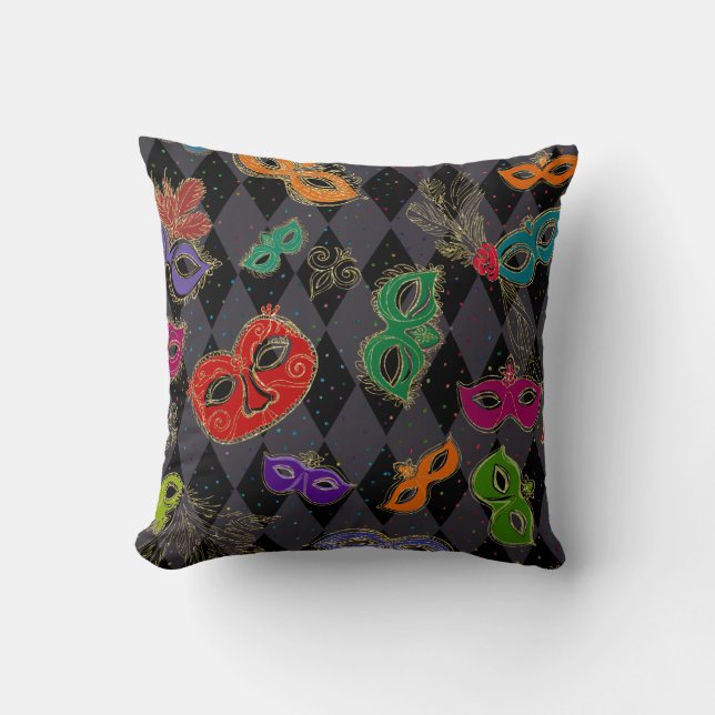 Mardi Gras Masquerade Masks Black Harlequin Cushion (Front)